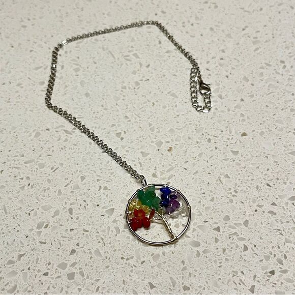 Crushed Stone Silver Color Tree Of Life Necklace - Picture 4 of 10